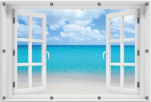 Wallario Outdoor-Poster für Garten oder Balkon Sandstrand und blaues Meer, Motivbanner Größe: ca. 100 x 150 cm mit Fenster-Illusion von Wallario