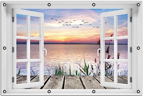 Wallario Outdoor-Poster für Garten oder Balkon Seepanorama mit Schilf und fliegenden Vögeln, Motivbanner Größe: ca. 80 x 120 cm Fenster-Illusion von Wallario