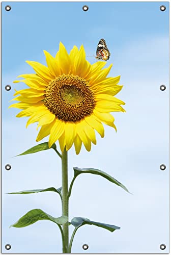 Wallario Outdoor-Poster für Garten oder Balkon Sonnenblume mit Schmetterling, Motivbanner Größe: ca. 80 x 120 cm, Outdoor-Bild von Wallario
