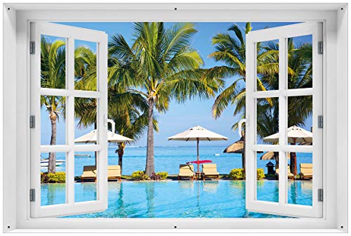 Wallario Outdoor-Poster für Garten oder Balkon Sonnenschirme am Südsee-Palmenstrand mit blauem Meer-Wasser, Motivbanner Größe: ca. 60 x 90 cm mit Fenster-Illusion von Wallario