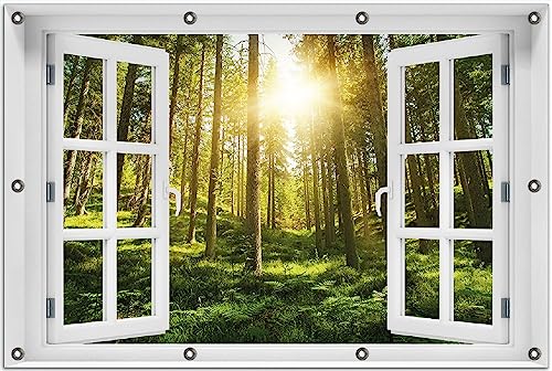 Wallario Outdoor-Poster für Garten oder Balkon Sonnenstrahlen im Nadelwald mit Moos und Farn, Motivbanner Größe: ca. 80 x 120 cm Fenster-Illusion von Wallario