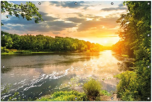 Wallario Outdoor-Poster für Garten oder Balkon Sonnenuntergang am Fluss in grüner Umgebung, Motivbanner Größe: ca. 120 x 180 cm, Outdoor-Bild von Wallario