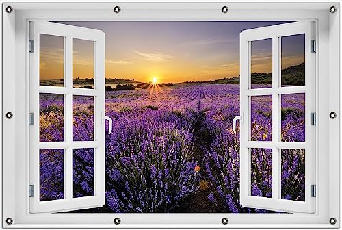 Wallario Outdoor-Poster für Garten oder Balkon Sonnenuntergang über dem Lavendel, Motivbanner Größe: ca. 100 x 150 cm mit Fenster-Illusion von Wallario