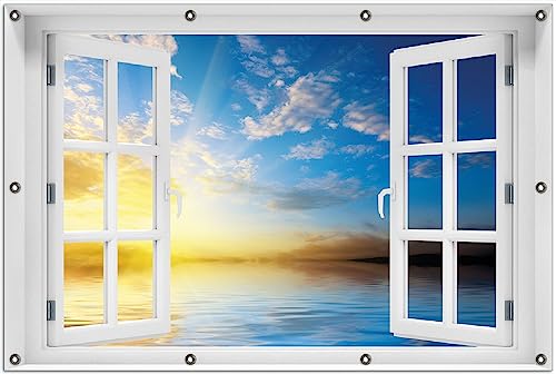 Wallario Outdoor-Poster für Garten oder Balkon Sonnenuntergang über dem Meer I, Motivbanner Größe: ca. 100 x 150 cm mit Fenster-Illusion von Wallario