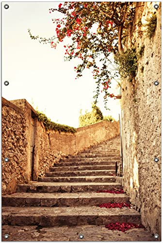 Wallario Outdoor-Poster für Garten oder Balkon Steinerne Treppe in Italien, Motivbanner Größe: ca. 100 x 150 cm, Outdoor-Bild von Wallario