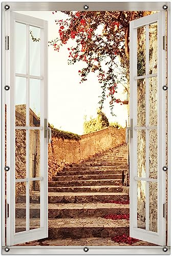 Wallario Outdoor-Poster für Garten oder Balkon Steinerne Treppe in Italien, Motivbanner Größe: ca. 100 x 150 cm mit Fenster-Illusion von Wallario