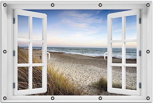 Wallario Outdoor-Poster für Garten oder Balkon Strandspaziergang im Urlaub an der Ostsee, Motivbanner Größe: ca. 80 x 120 cm Fenster-Illusion von Wallario