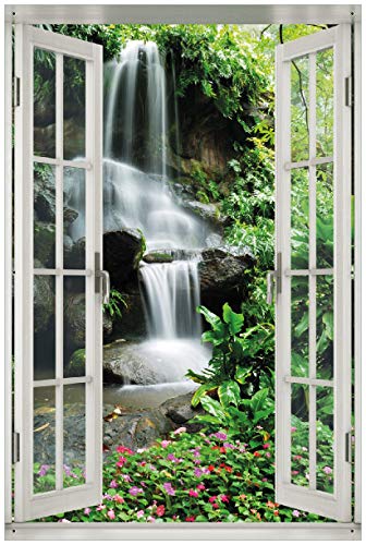 Wallario Outdoor-Poster für Garten oder Balkon Sturzbach im Grünen, Motivbanner Größe: ca. 60 x 90 cm mit Fenster-Illusion von Wallario