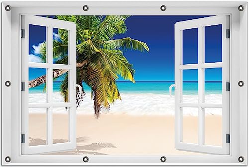 Wallario Outdoor-Poster für Garten oder Balkon Südseestrand in der Karibik mit Palme, Motivbanner Größe: ca. 80 x 120 cm Fenster-Illusion von Wallario