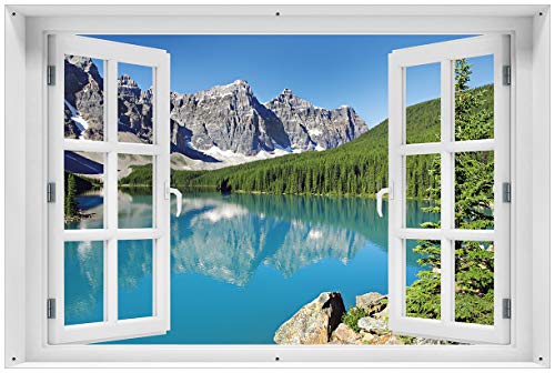 Wallario Outdoor-Poster für Garten oder Balkon Tiefblauer See mit Bergpanorama und Wäldern – Kanada, Motivbanner Größe: ca. 60 x 90 cm mit Fenster-Illusion von Wallario