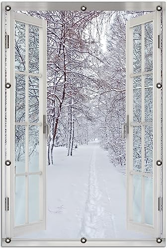 Wallario Outdoor-Poster für Garten oder Balkon Verschneiter Spazierweg, Motivbanner Größe: ca. 80 x 120 cm Fenster-Illusion von Wallario