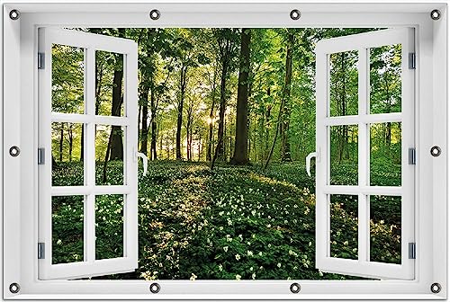 Wallario Outdoor-Poster für Garten oder Balkon Waldanemonen und Sonnenstrahlen im Wald, Motivbanner Größe: ca. 80 x 120 cm Fenster-Illusion von Wallario