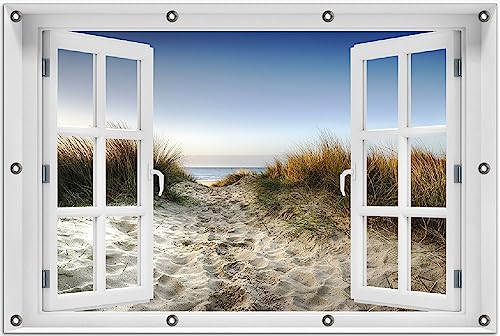 Wallario Outdoor-Poster für Garten oder Balkon Weg durch die Dünen zum Strand am Meer, Motivbanner Größe: ca. 80 x 120 cm Fenster-Illusion von Wallario