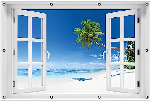 Wallario Outdoor-Poster für Garten oder Balkon Weißer Sandstrand am Meer - EIN Traum unter Palmen, Motivbanner Größe: ca. 100 x 150 cm mit Fenster-Illusion von Wallario