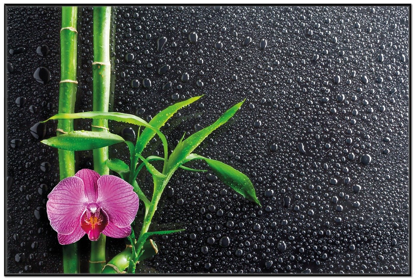 Wallario Poster, Bambus und pinke Orchidee auf schwarzem Glas mit Regentropfen, in verschiedenen Ausführungen Wallario Poster, Bambus und pinke Orchidee auf schwarzem Glas mit Regentropfen, in verschiedenen Ausführungen von Wallario