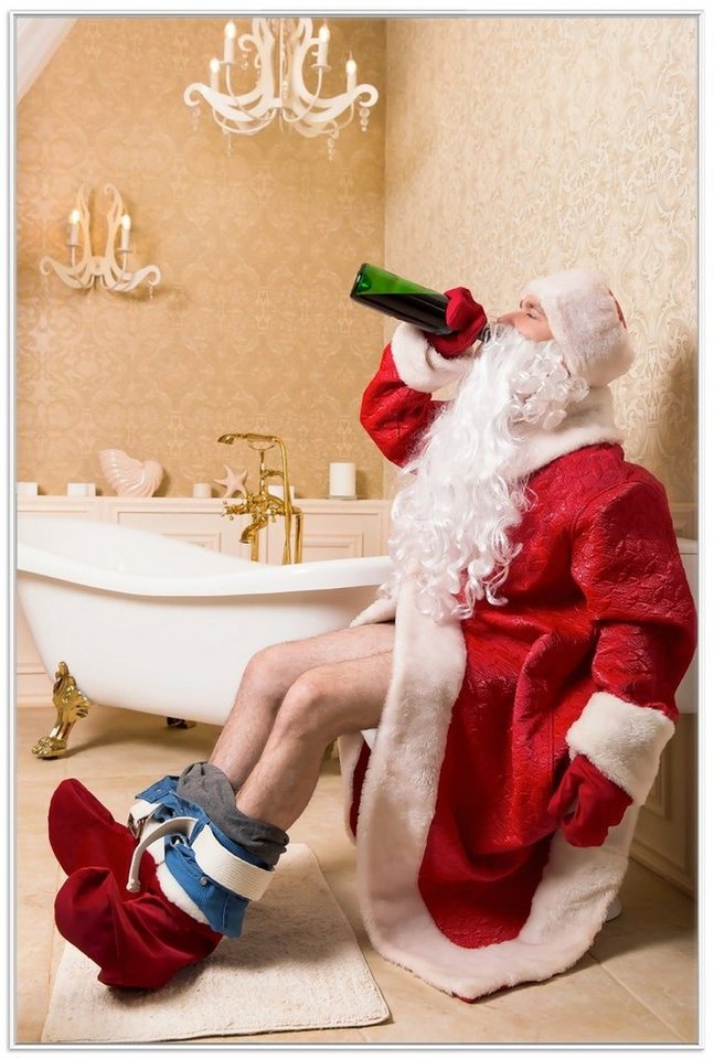 Wallario Poster, Betrunkener Weihnachtsmann mit Weinflasche auf dem Klo, in verschiedenen Ausführungen von Wallario
