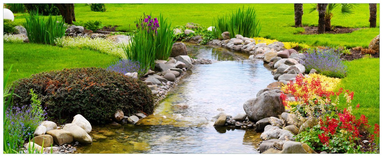 Wallario Poster, Blumen am Teich, in verschiedenen Ausführungen von Wallario