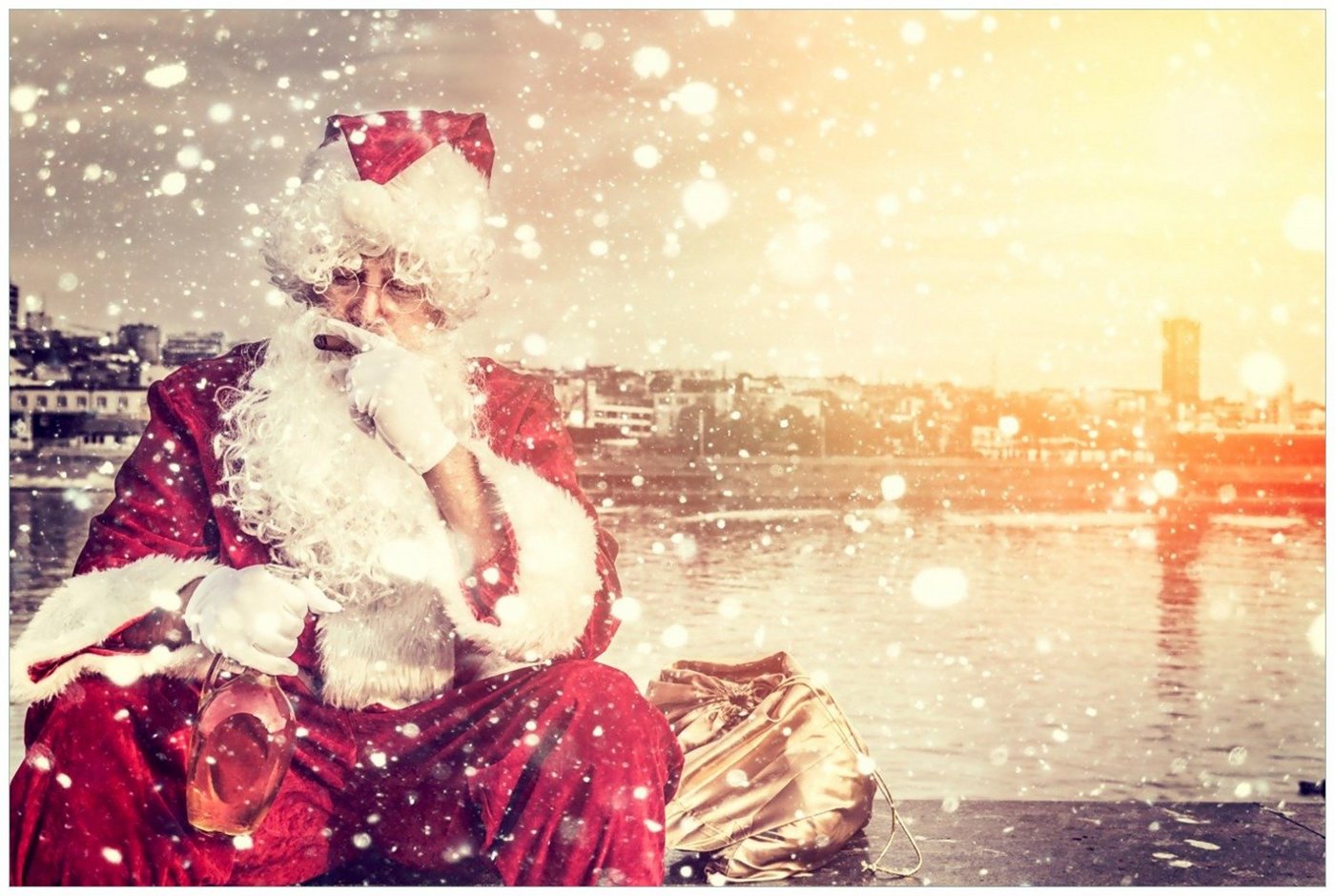 Wallario Poster, Christmas-Party - Weihnachtsmann mit Schnaps und Zigarre, in verschiedenen Ausführungen von Wallario