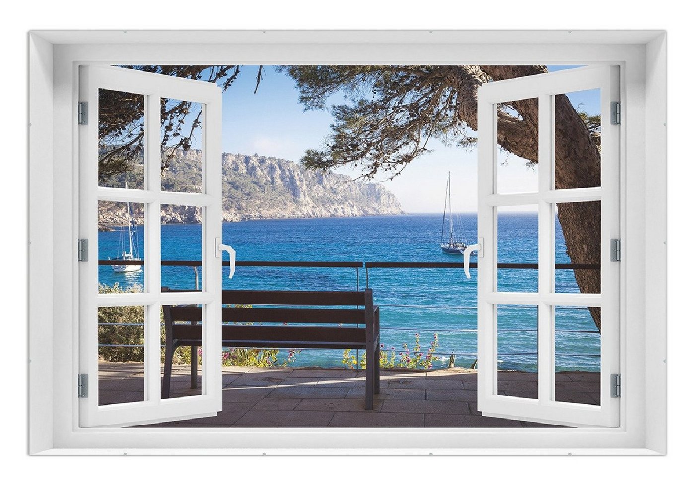 Wallario Poster, Einsame Bank am Meer - Spanien im Sommer, in verschiedenen Ausführungen von Wallario