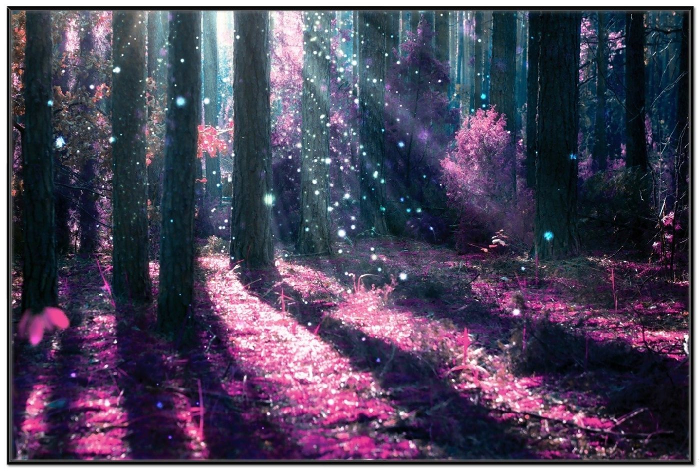 Wallario Poster, Fantasie im Wald - Pinke Blumen in der Sonne, in verschiedenen Ausführungen von Wallario