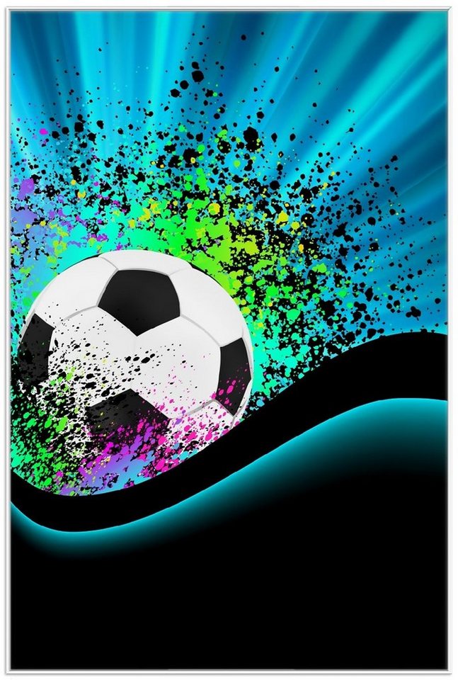 Wallario Poster, Fußball - Design Wellen und Regenbogen in blau, in verschiedenen Ausführungen von Wallario