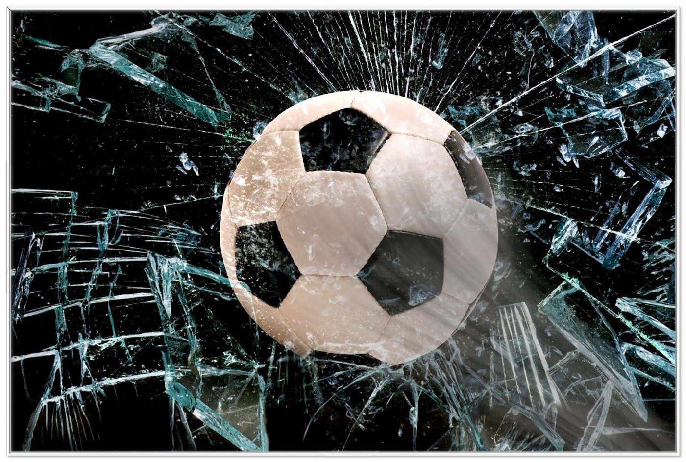 Wallario Poster, Fußball - im Fenster, Splitter und Glas, in verschiedenen Ausführungen Wallario Poster, Fußball - im Fenster, Splitter und Glas, in verschiedenen Ausführungen von Wallario