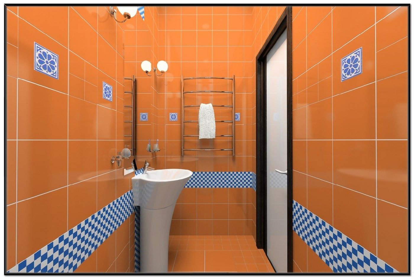 Wallario Poster, Modernes Badezimmer in orange mit blauen Fliesen, in verschiedenen Ausführungen von Wallario