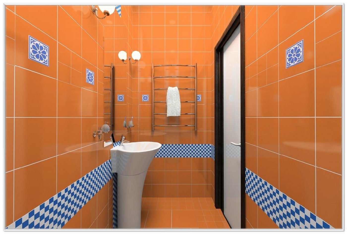 Wallario Poster, Modernes Badezimmer in orange mit blauen Fliesen, in verschiedenen Ausführungen von Wallario