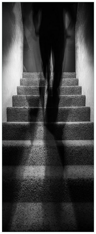 Wallario Poster, Mysteriöse Treppe mit Schattenfigur - Schwarzweiß, in verschiedenen Ausführungen von Wallario