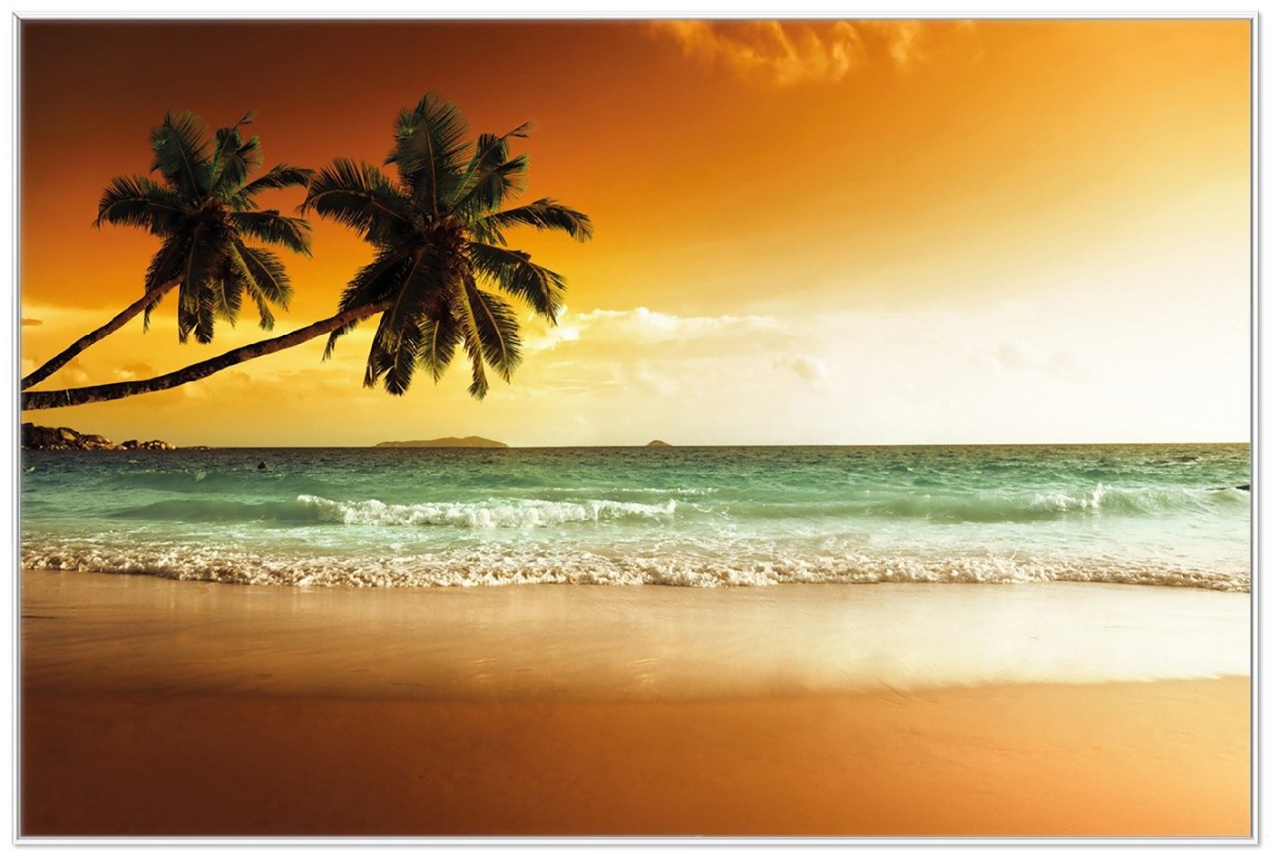 Wallario Poster, Palmen am Sandstrand bei untergehender Sonne, in verschiedenen Ausführungen von Wallario