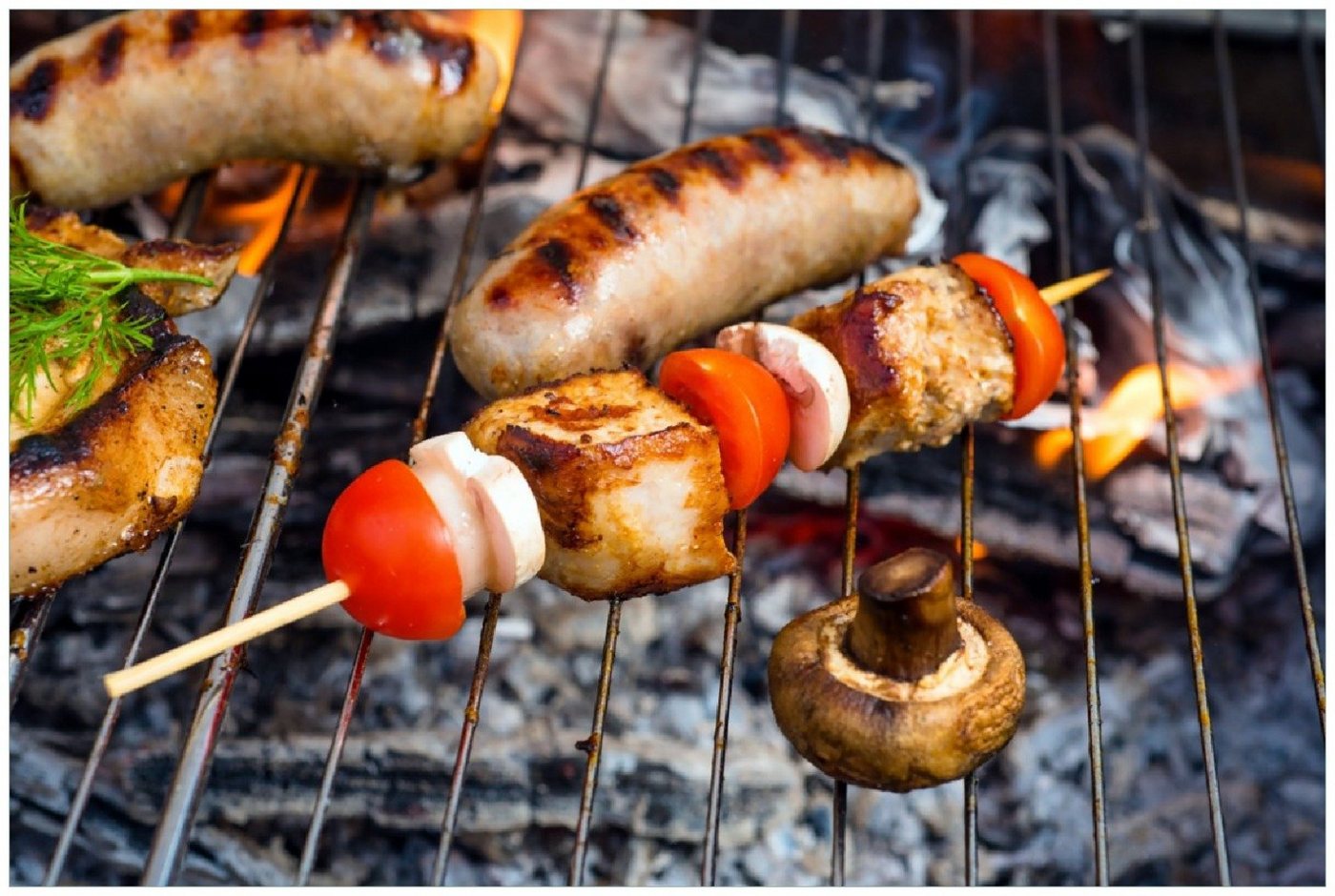 Wallario Poster, Schaschlik und Würste auf einem Grill, in verschiedenen Ausführungen von Wallario