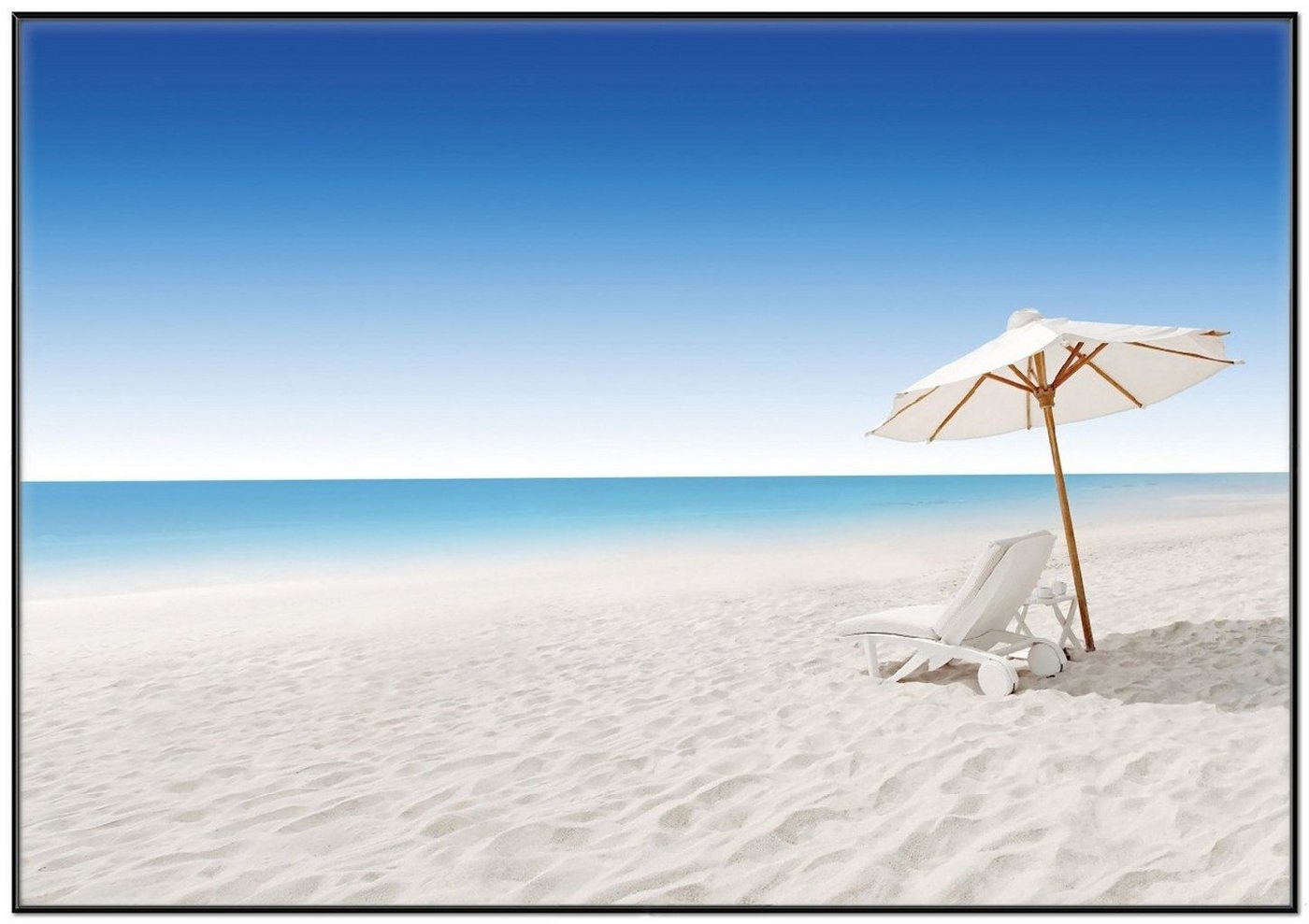 Wallario Poster, Sonnenliege am weißen Strand unter blauem Himmel, in verschiedenen Ausführungen von Wallario