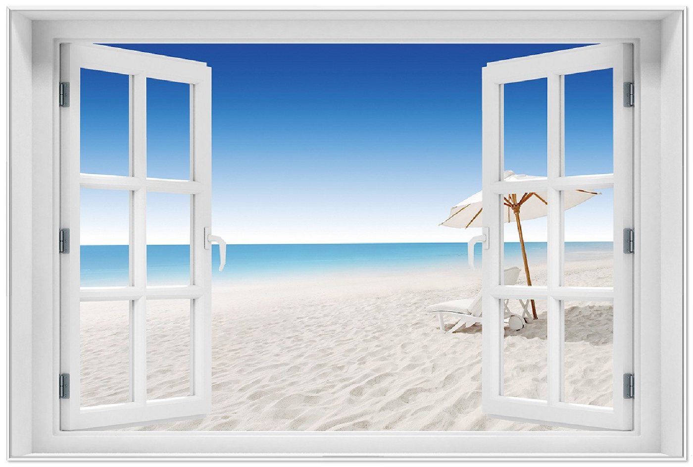 Wallario Poster, Sonnenliege am weißen Strand unter blauem Himmel, in verschiedenen Ausführungen von Wallario