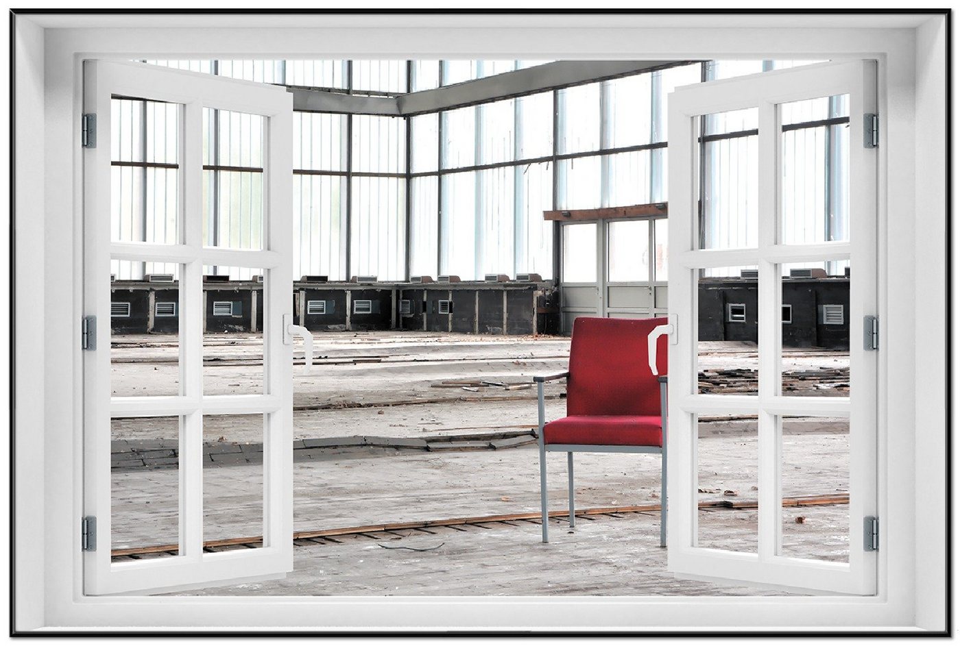 Wallario Poster, Stille und Leere - ein einsamer roter Stuhl in einer alten Halle, in verschiedenen Ausführungen von Wallario
