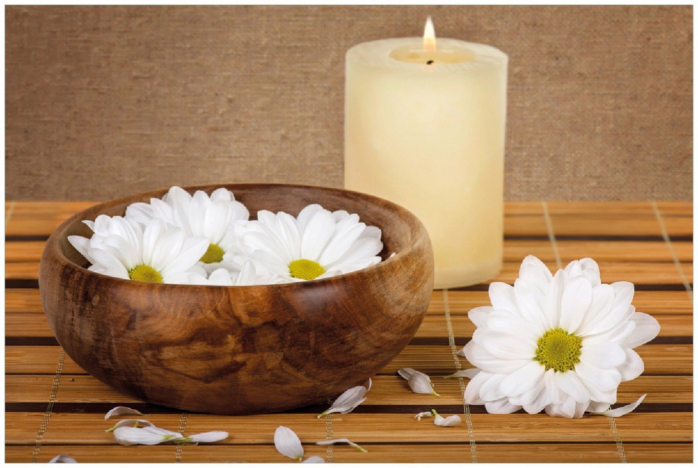 Wallario Poster, Stillleben - Kerzen und Blumenblüten in Holzschale, in verschiedenen Ausführungen von Wallario