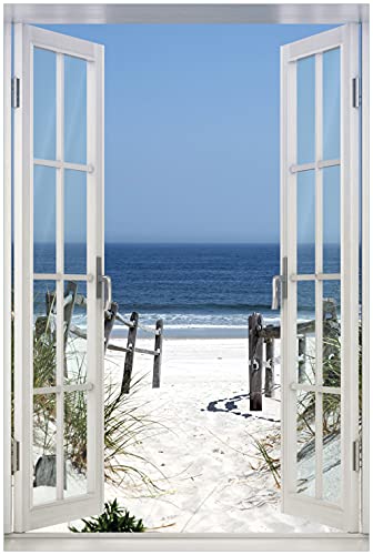 Wallario Poster - Blick auf Strand in Premiumqualität, Größe: 61 x 91,5 cm mit Fenster-Illusion (Maxiposter) von Wallario