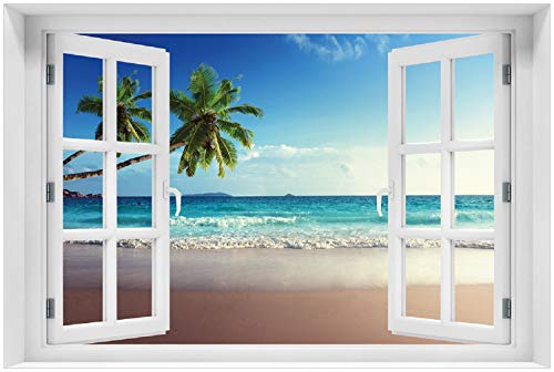 Wallario Poster - Sandstrand auf den Seychellen - Urlaub unter Palmen in Premiumqualität, Größe: 100 x 150 cm mit Fenster-Illusion von Wallario