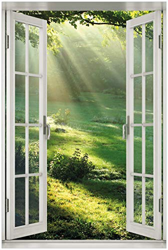 Wallario Poster - Sonnenstrahlen im Wald in Premiumqualität, Größe: 100 x 150 cm mit Fenster-Illusion von Wallario