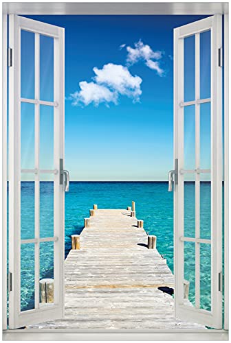 Wallario Poster - Steg am tropischen Meer in Premiumqualität, Größe: 61 x 91,5 cm mit Fenster-Illusion (Maxiposter) von Wallario