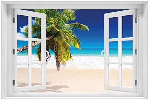 Wallario Poster - Südseestrand in der Karibik mit Palme in Premiumqualität, Größe: 61 x 91,5 cm mit Fenster-Illusion (Maxiposter) von Wallario