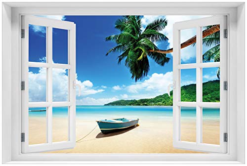 Wallario Poster - Urlaub am Palmenstrand unter Palmen mit Fischerboot in Premiumqualität, Größe: 61 x 91,5 cm mit Fenster-Illusion (Maxiposter) von Wallario