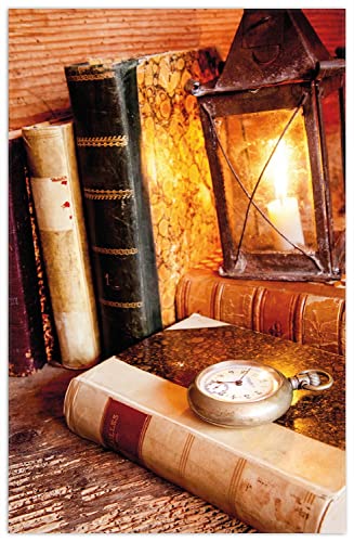 Wallario Rutschfester, Teppich mit Motiv - Fußmatte Antike Laterne mit Kerze Alten Büchern und Taschenuhr, Größe 90 x 140 cm - flachgewebt von Wallario