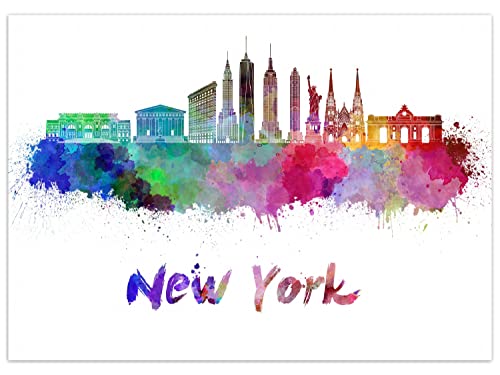 Wallario Rutschfester, Teppich mit Motiv - Fußmatte Städte als Aquarell - Skyline von New York, Größe 50 x 70 cm - flachgewebt von Wallario