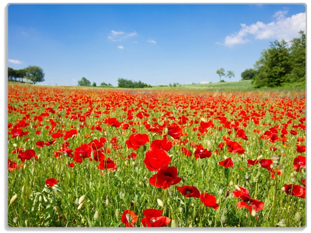 Wallario Schneidebrett Mohnblumenfeld- rote Blumen unter blauem Himmel, ESG-Sicherheitsglas, (inkl. rutschfester Gummifüße 4mm, 1-St), 30x40cm von Wallario