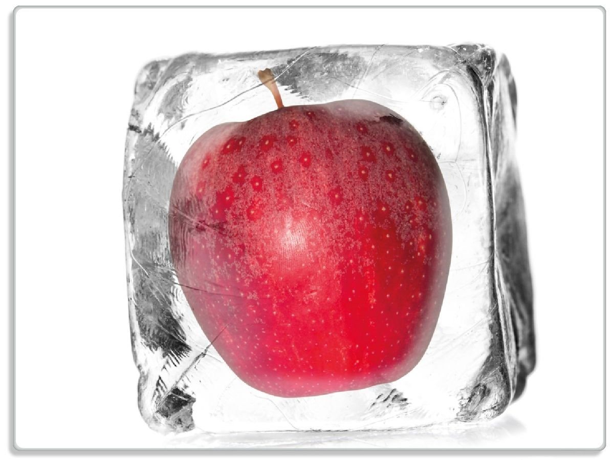 Wallario Schneidebrett Roter Apfel in Eiswürfel - Eiskaltes Obst, ESG-Sicherheitsglas, (inkl. rutschfester Gummifüße 4mm, 1-St), 30x40cm von Wallario