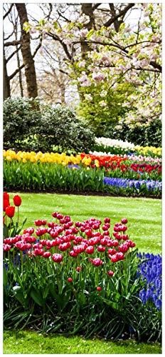 Wallario Selbstklebende Türtapete Bunte Blumen und Kirsch-Baum im Park blühen im Frühling - Türposter 93 x 205 cm Abwischbar, rückstandsfrei zu entfernen von Wallario