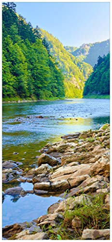 Wallario Selbstklebende Türtapete Fluss in den Bergen an steinigem Ufer - Türposter 100 x 220 cm Abwischbar, rückstandsfrei zu entfernen von Wallario