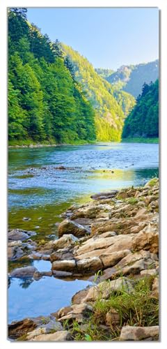 Wallario Selbstklebende Türtapete Fluss in den Bergen an steinigem Ufer - Türposter 93 x 205 cm Abwischbar, rückstandsfrei zu entfernen von Wallario