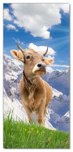 Wallario Selbstklebende Türtapete Kuh im Sonnenschein in den Alpen - Türposter 100 x 220 cm Abwischbar, rückstandsfrei zu entfernen von Wallario