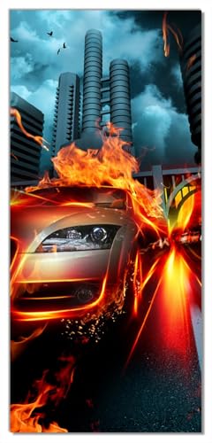 Wallario Selbstklebende Türtapete mit Schutzlaminat Brennendes fahrendes Auto - Türposter 93 x 205 cm Abwischbar, rückstandsfrei zu entfernen von Wallario